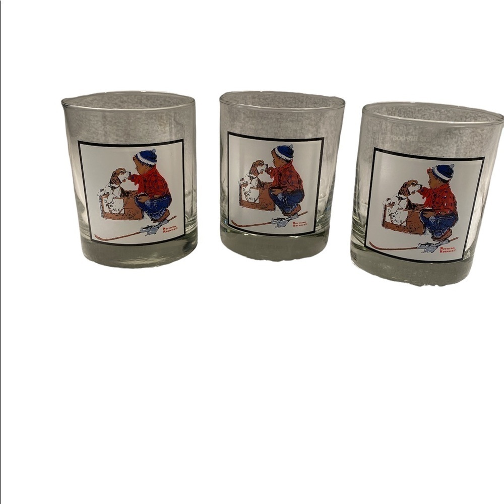Set of 3 Norman Rockwell glasses A Boy Meets His Dog vintage collectors item 80s